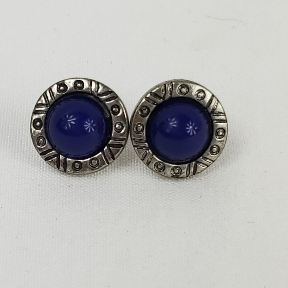 Beautiful Blue/Silver Tone Round Button Earrings